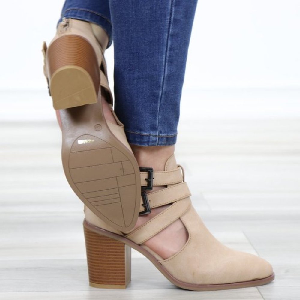 Strappy Taupe Pointy Toe Ankle Boots Faux Leather - Picture 6 of 11